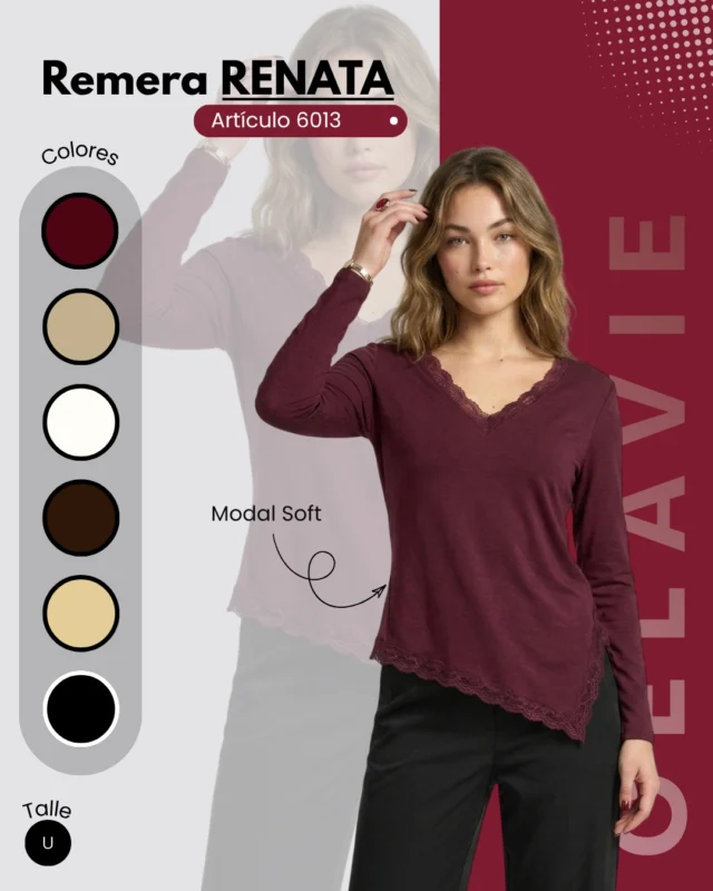 🍷 Un toque romántico para todos los días

Suave, cómoda y con ese detalle de puntilla que marca la diferencia. La Remera Renata combina elegancia y versatilidad para acompañarte desde la mañana hasta la noche. 💫

Porque los básicos también pueden tener personalidad.

�Disponible para venta mayorista. 📦
📲 Consultanos por stock, colores y catálogo completo.

🛍️ www.celavie.com.ar
📍Cuenca 544, CABA

#Celavie #ComodidadConEstilo #avellaneda #avellanedamujer #invierno2026 #ventamayorista